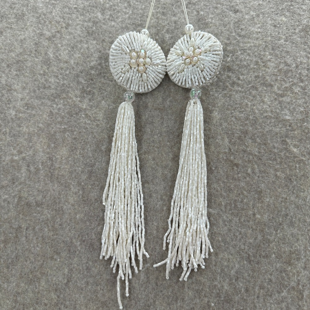 Set of 2 VTG‎ Handmade White Fully Beaded Tassel Ornaments Round Sunburst 8"